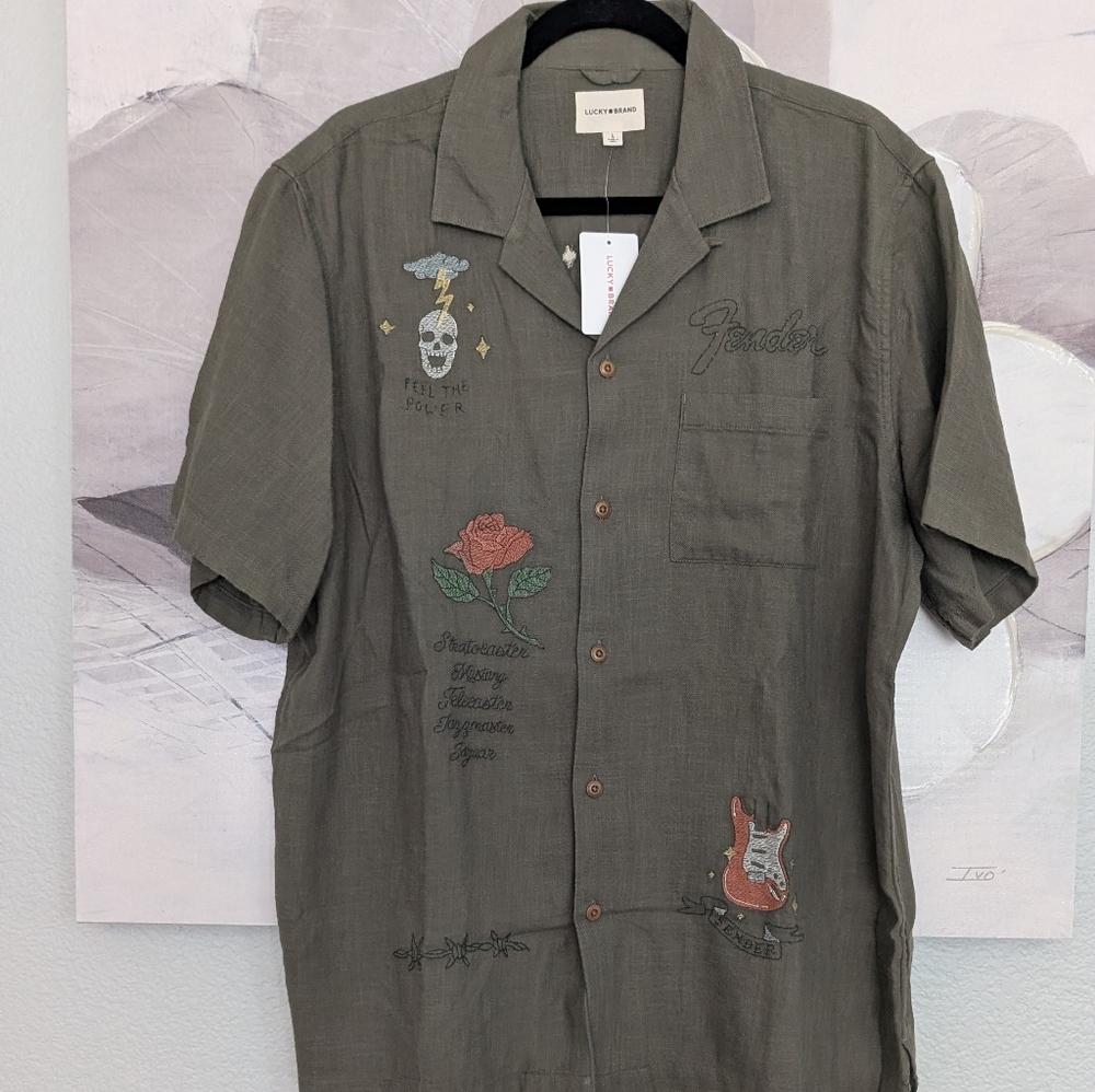 Lucky Brand Fender Electric Guitars Enbroidered Button Down Shirt Size Large Nwt